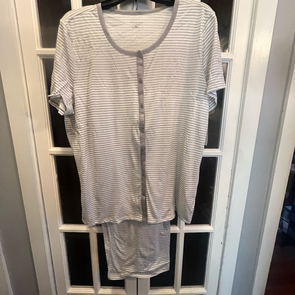 Charter Club Women’s Stripped Gray Women's 2 Piece Pajama Set- SizeXXL